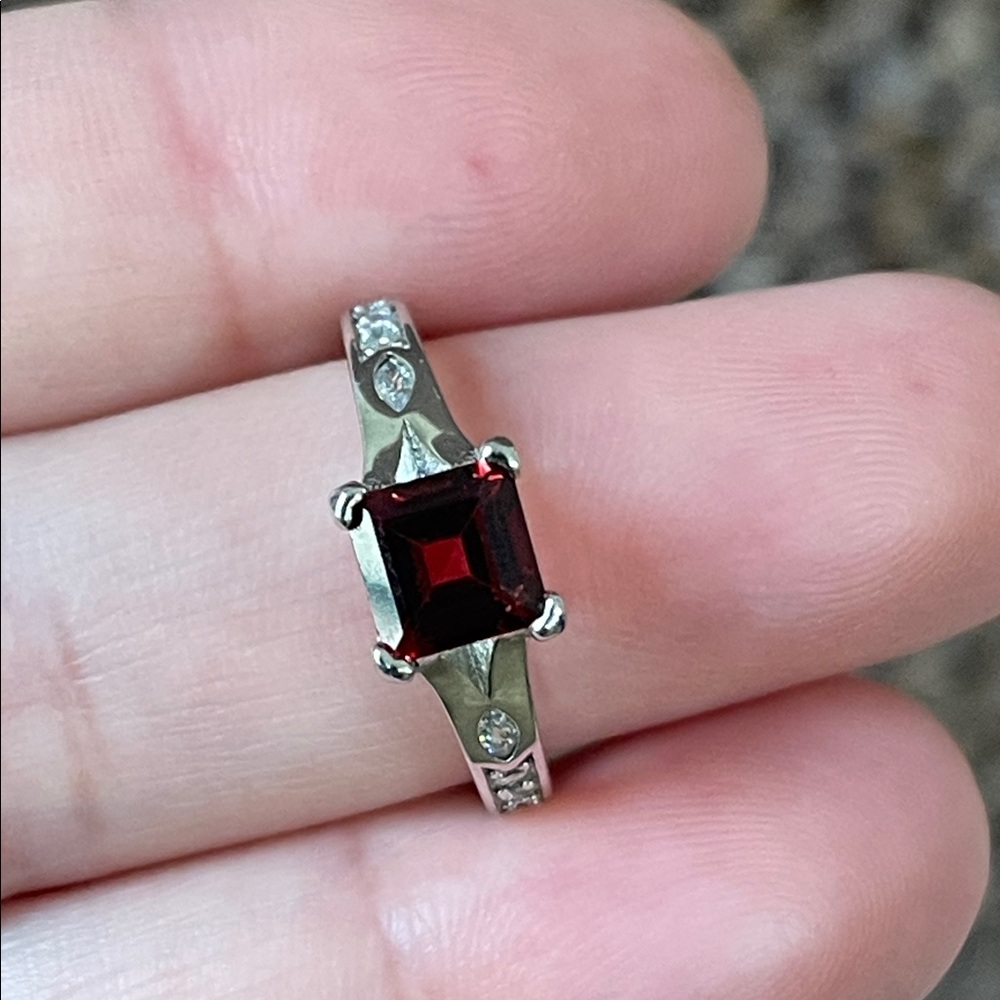 Natural Red Garnet & Sterling Silver Ring, Size 6
